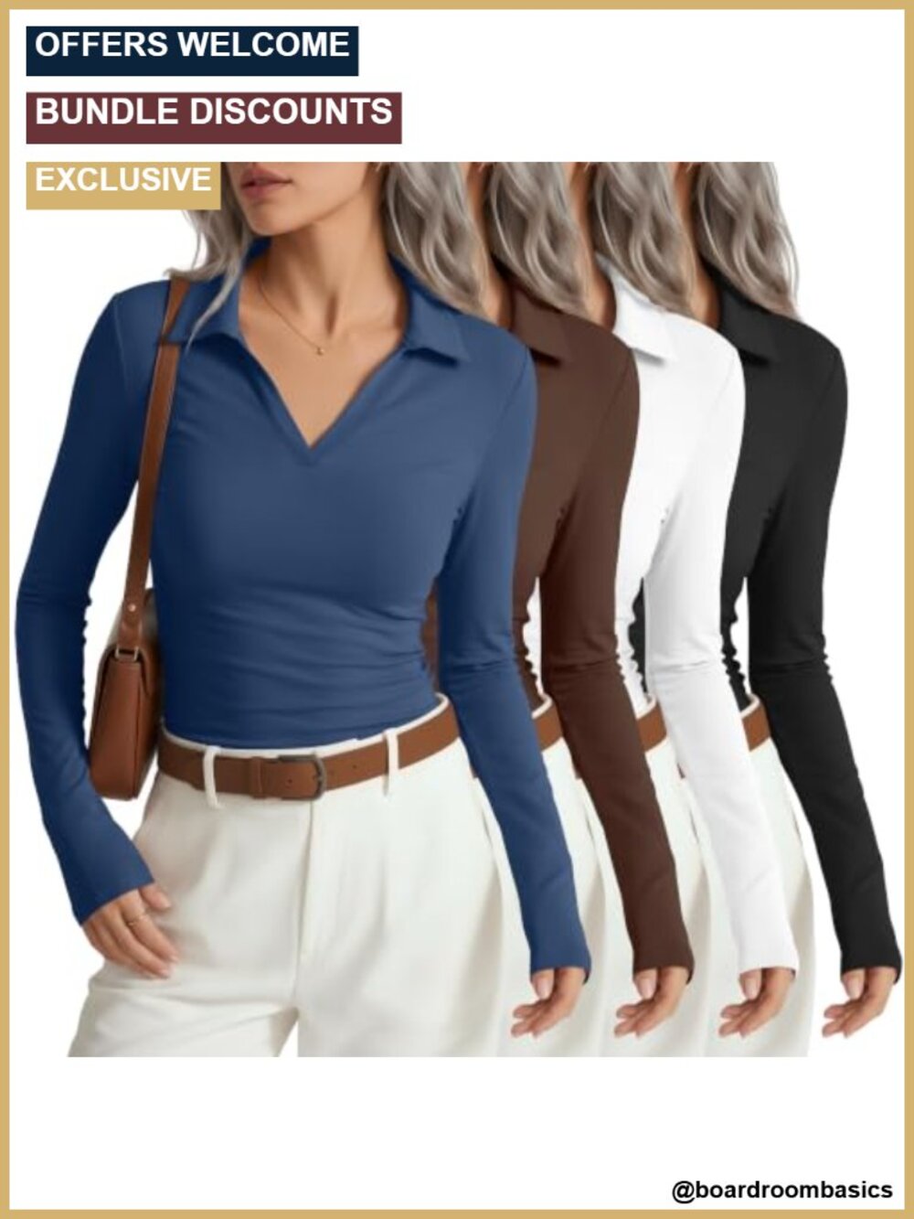 4 Pack Women Long Sleeve Polo Shirts Collar Work Tops